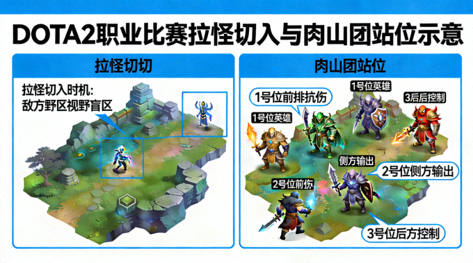 DOTA2职业比赛拉怪切入时机与肉山团站位示意画面